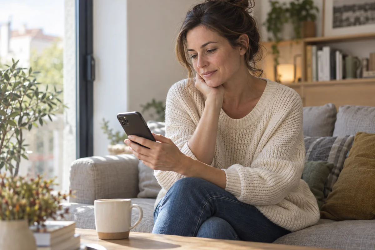 Une femme consulte ses photos sur son téléphone chez elle