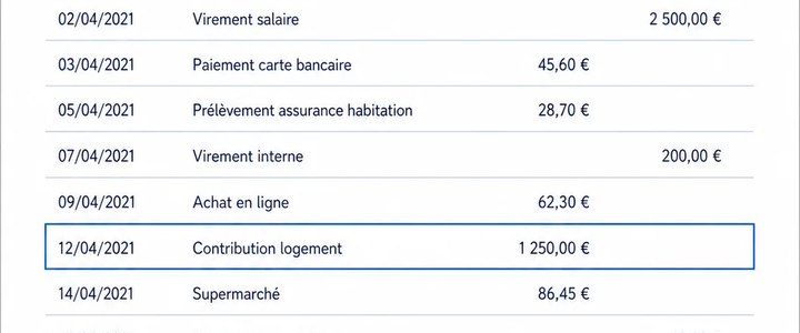Extrait fictif du relevé bancaire montrant la ligne du 12 avril 2021 surlignée